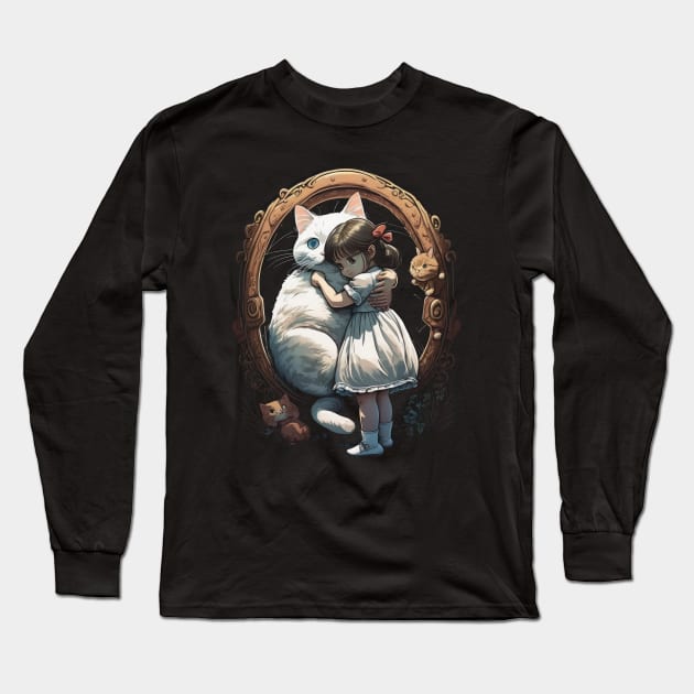 Anime Dream: Girl Embracing a Cat in Enchanting Portal Long Sleeve T-Shirt by YUED